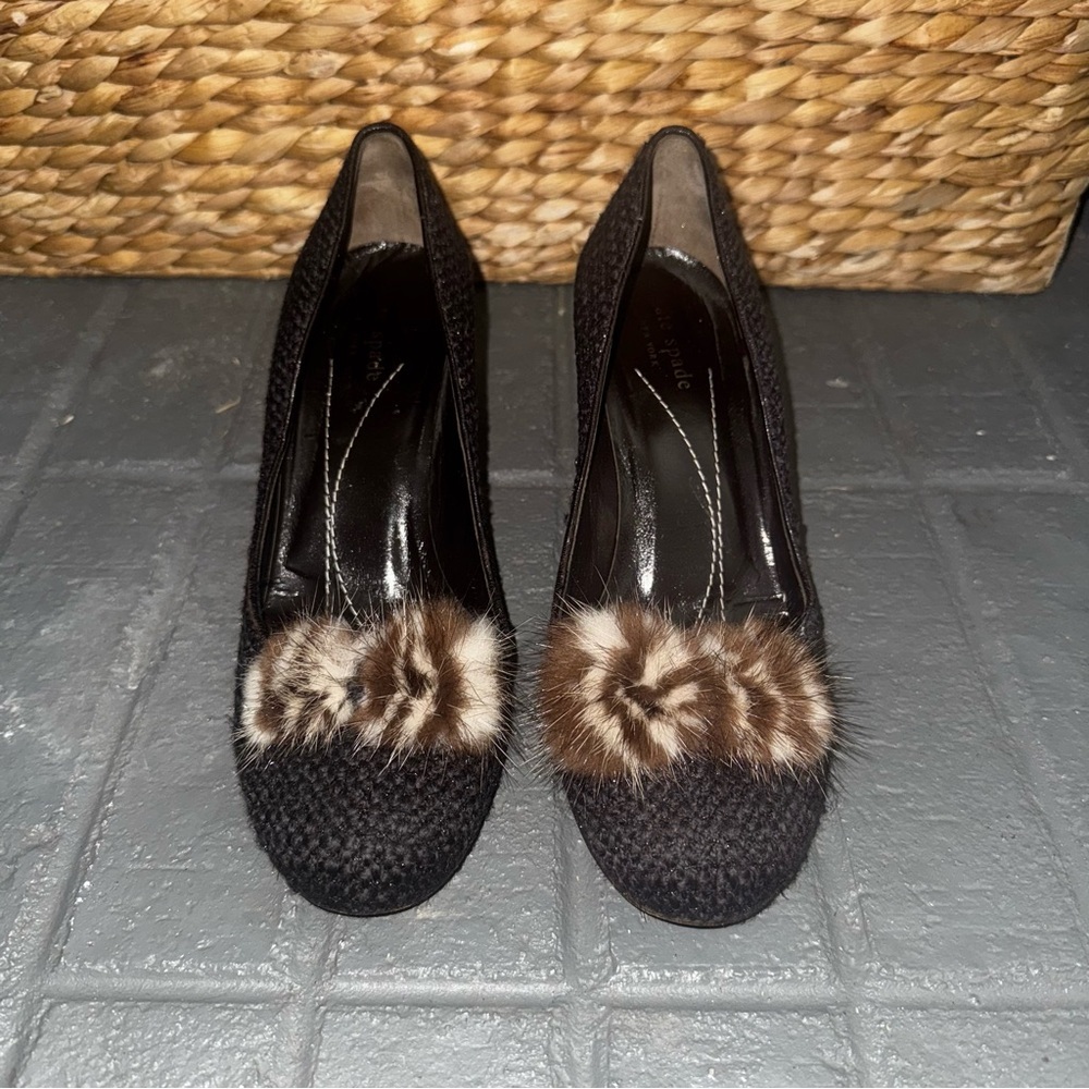 Kate Spade Women's Tweed Fur Pump Heels Dark Brown Size 7.5 B